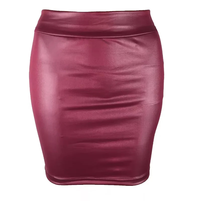 Women's High-Waist Slim Fit Mini Skirt Vintage Bodycon Hip Pencil Skirt Sexy Imitation PU Clubwear Ladies Office Clothing
