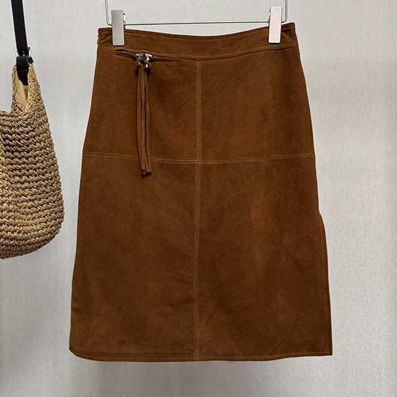 2025 Autumn Women's Sheepskin Suede Leather Skirt Female Retro Maillard Split Slim Pencil Wrap Jupe Mujer Auburn Midi Faldas