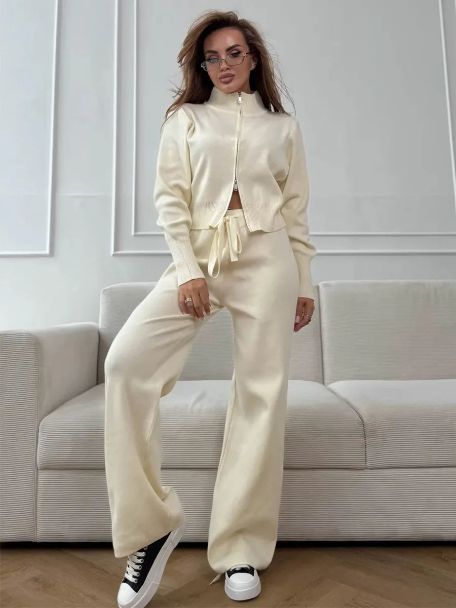 Wolfeel New Autumn Winter Zip Up Knit Pants Set Women's Trendy Slim Fit Cardigan Pants Chic Commuting Sweater Outfit