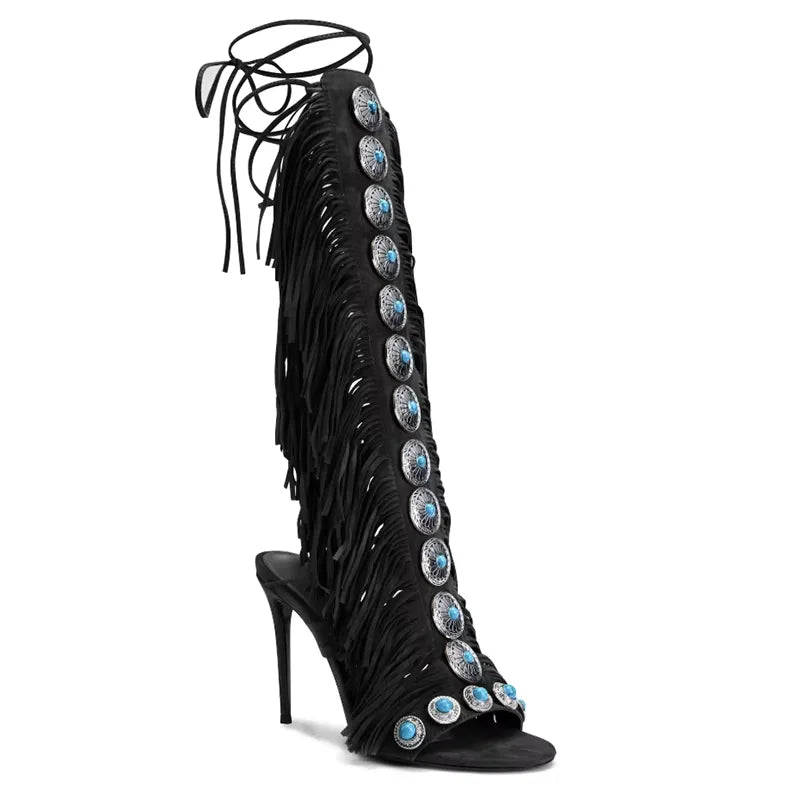 Real cow suede leather tassels women sandal peep toe jewel lace up 10cm high heels