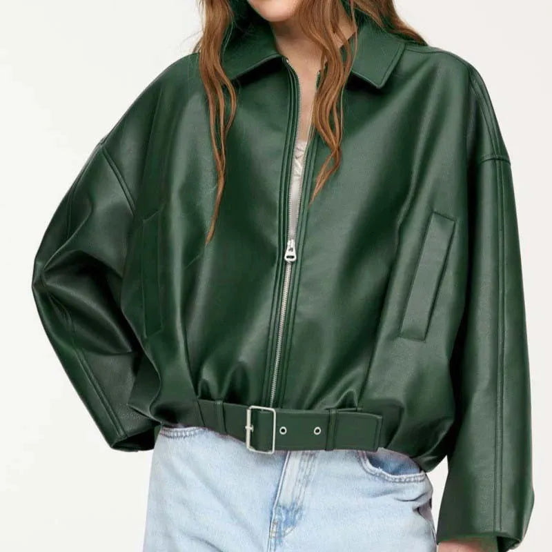 The Belted PU Bomber Jacket