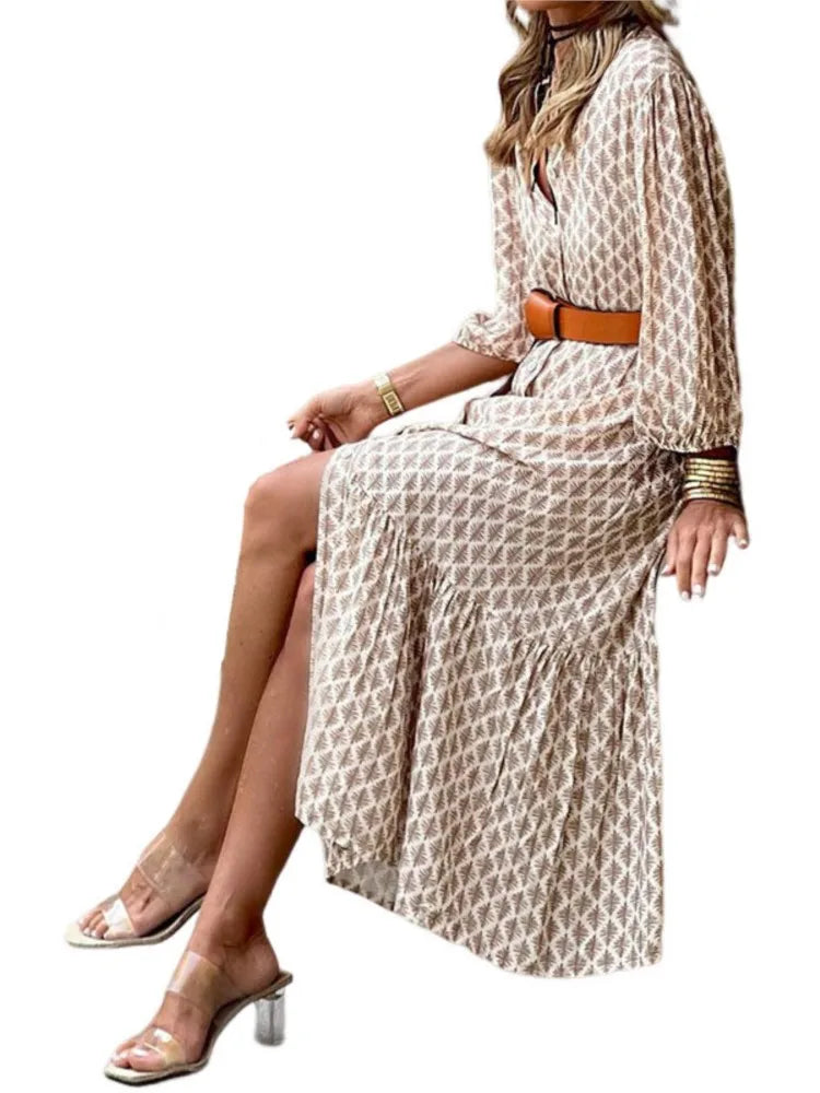 Women's New Autumn Winter Fashion Belt Print Sexy V-neck Slit Simple Temperament Bubble Sleeves Casual Mid Length Dress