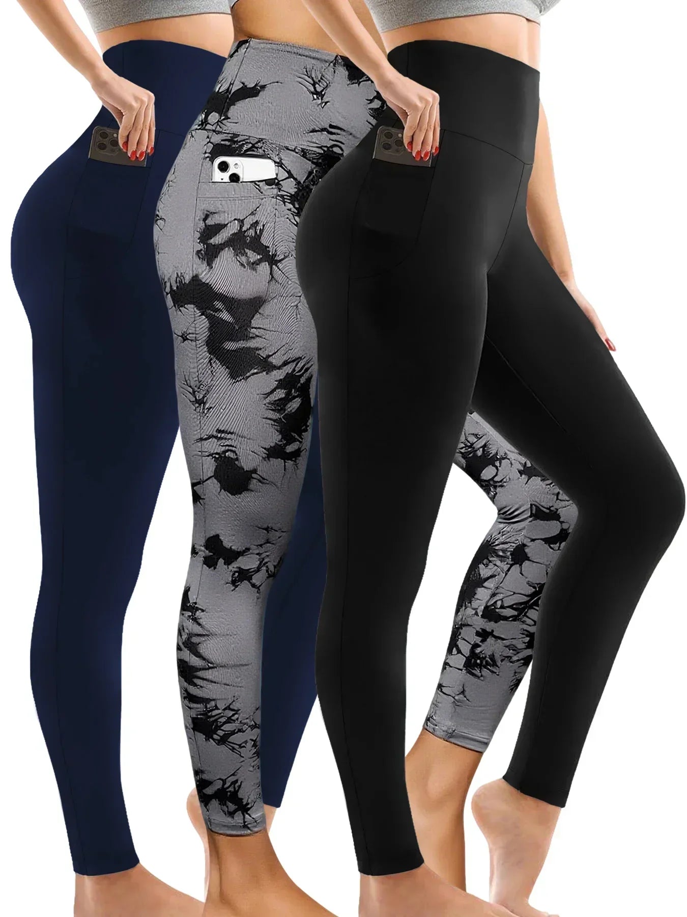 3 Pack Super Soft Leggings with Pockets for Women, High Waisted Tummy Control Workout Yoga Running Pants Leggings