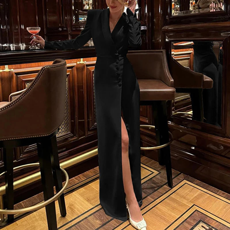 Casual Button Split Robe Dress Office Lady Long Sleeved Evening Dress Vestido Spring Autumn Women V Neck High Waist Party Dress