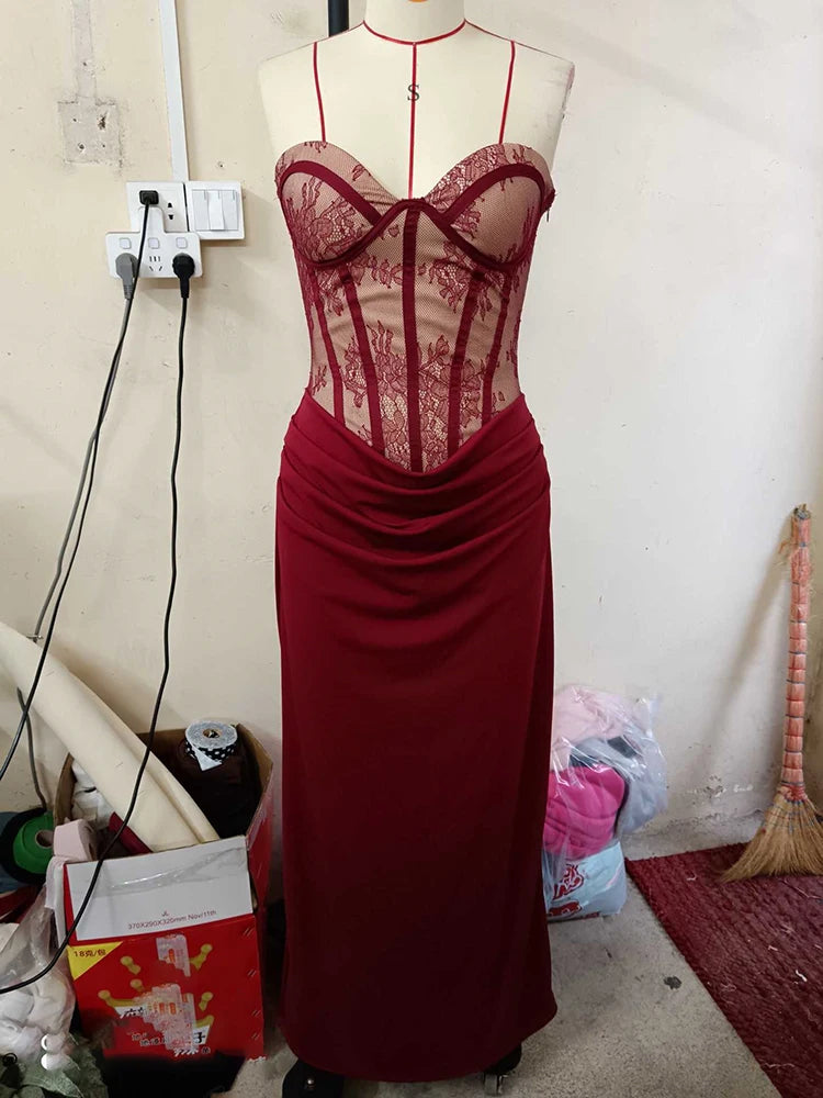 Mozision Lace Corset Satin Mermaid Maxi Dress Women Elegant Strapless Sweetheart Neck Ruched Waist Bodycon Evening Party Gown