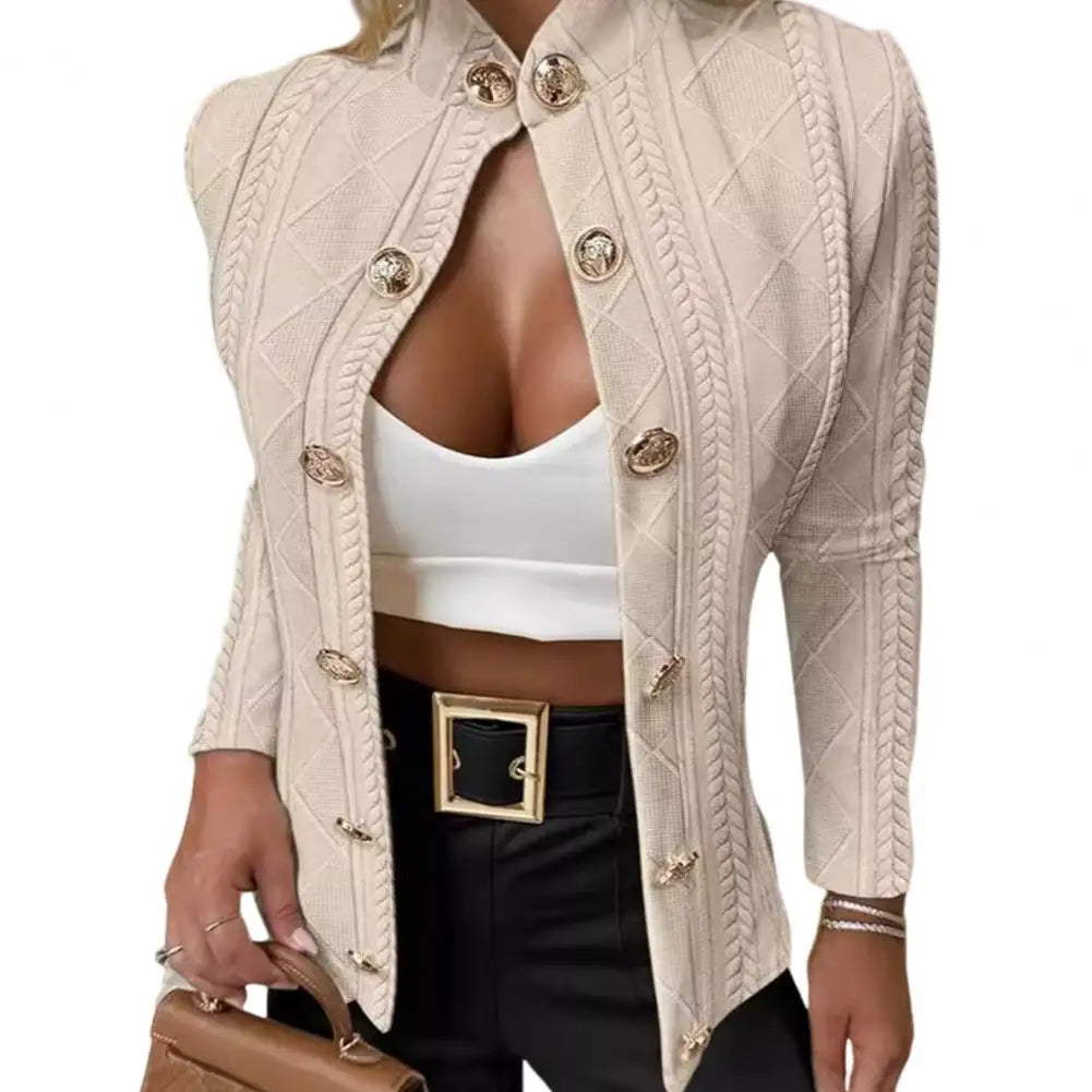 Fall Winter Women Jacket Slim Fit Metal Buttons Stand Collar Long Sleeves Jacquard Coat Solid Color OL Commuting Coat For Work