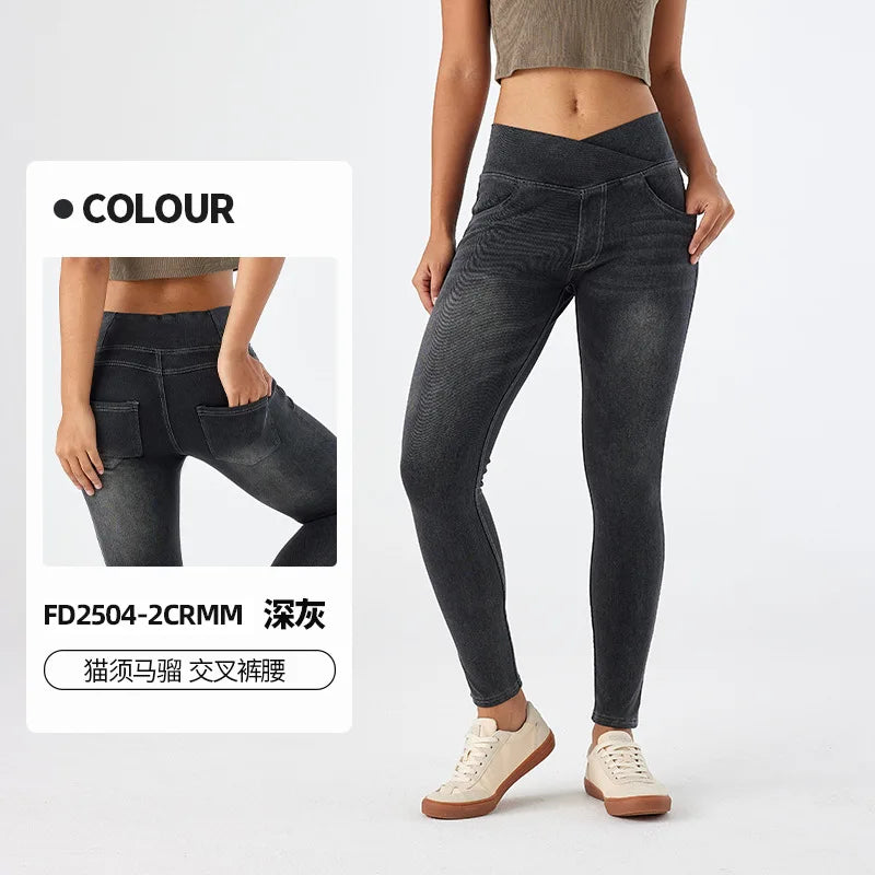 High Waist Cross Fit Women's Skinny Jeans Elastic Fitness Casual Pants Cotton Polyester Inner Lining Running Exercise Jeans