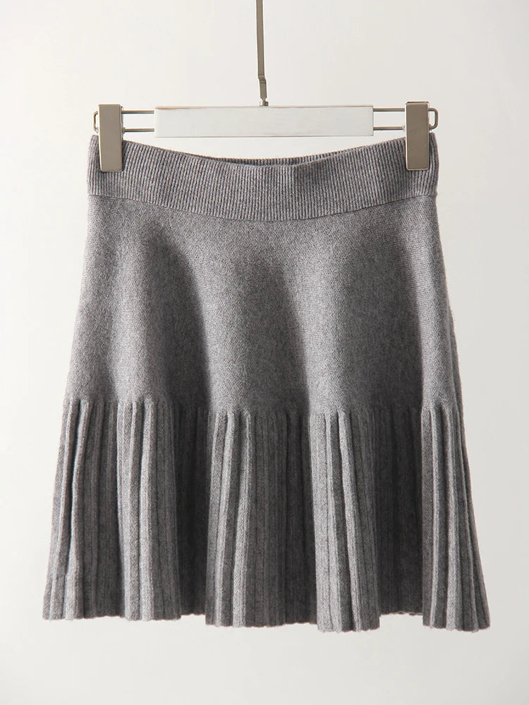 Black Mini Pleated Skirt Gray Women Elastic Waist Short Knitted Skirt For Autumn White A Line Knit Short School Skirt For Women