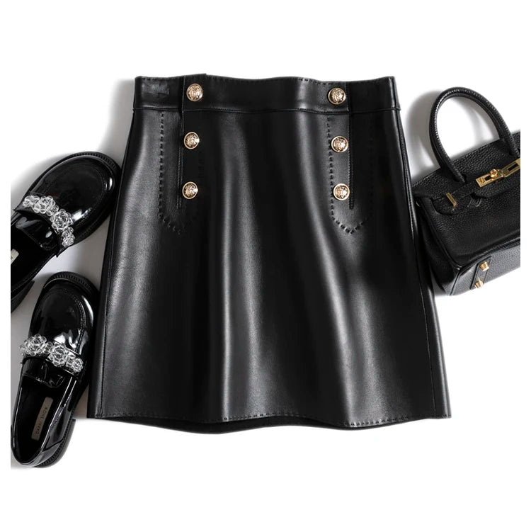 Moda Linda Lambskin Mini Skirts Women Handmade Arch Needle High Waist Wrap Leather Etek Khaki Double Breasted Metal Button Jupe