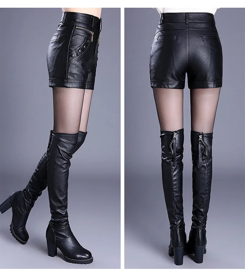 Large Size 4XL Leather Shorts Women Autumn Winter PU Leather Sexy Shorts Straight Slim High Waist Short Femme Women Shorts