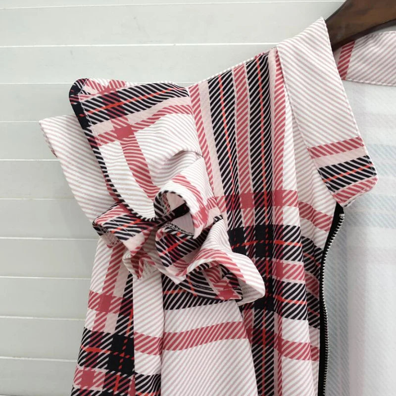 2023 Elegant Stand Collar Office Lady Blazer Coat Women Plaid Print Zipper Tops Jacket Spring Autumn Long Sleeve Ruffle Cardigan