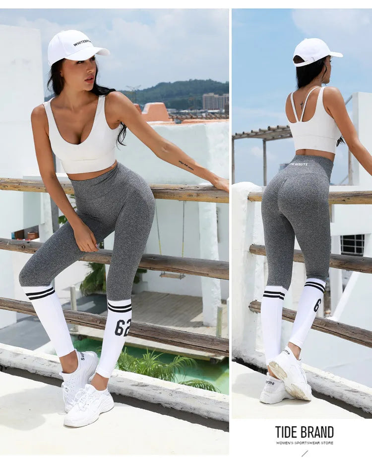 BIVIGAOS Women Contrast Color Hip Lift Fitness Leggings Sexy Running Sports Leggings High Waist Elastic Workout Leggings Push Up