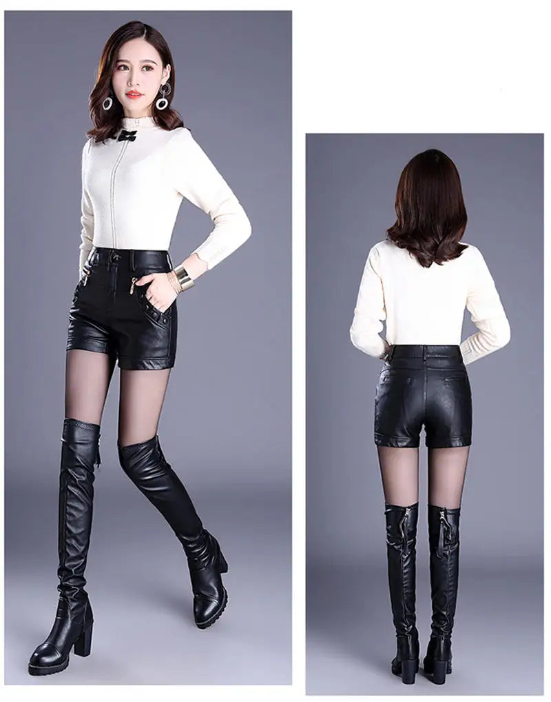 Large Size 4XL Leather Shorts Women Autumn Winter PU Leather Sexy Shorts Straight Slim High Waist Short Femme Women Shorts