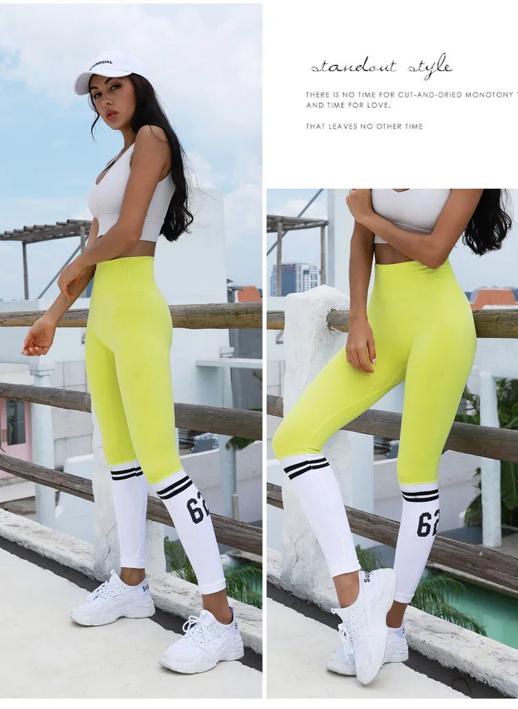 BIVIGAOS Women Contrast Color Hip Lift Fitness Leggings Sexy Running Sports Leggings High Waist Elastic Workout Leggings Push Up