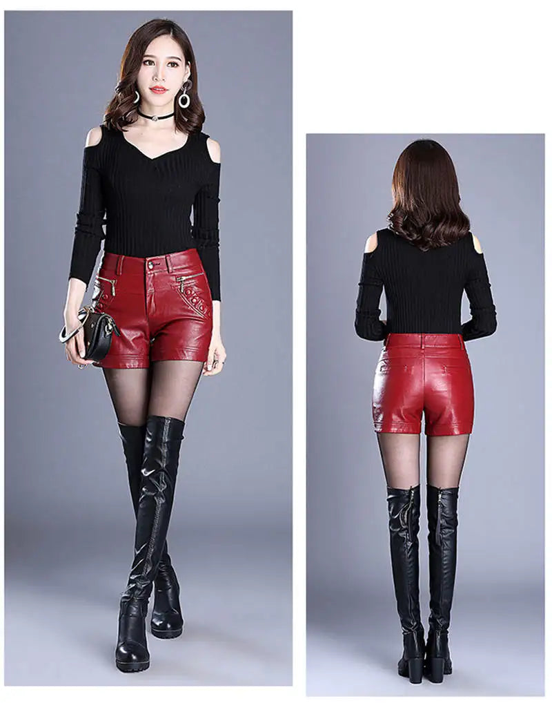 Large Size 4XL Leather Shorts Women Autumn Winter PU Leather Sexy Shorts Straight Slim High Waist Short Femme Women Shorts