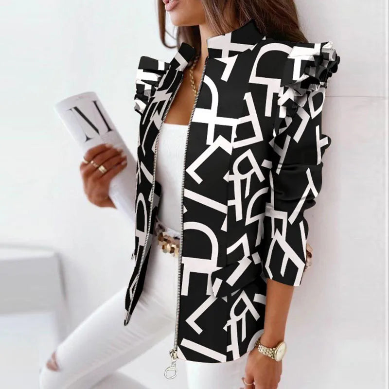 2023 Elegant Stand Collar Office Lady Blazer Coat Women Plaid Print Zipper Tops Jacket Spring Autumn Long Sleeve Ruffle Cardigan
