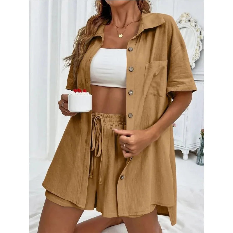 Solid Color Casual Loose Short Pants Sets For Women 2024 Elegant Summer Women's Two Pieces Suit Full Set Female Outfit Clothes