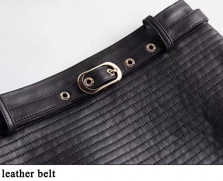 2025 New Spring Women Genuine Leather Skirt Feminino Slim Leopard Pattern Split  Wrapped Jupe Mujer Mid Length Striped Belt Saia