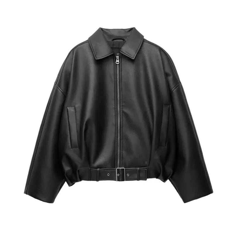 The Belted PU Bomber Jacket