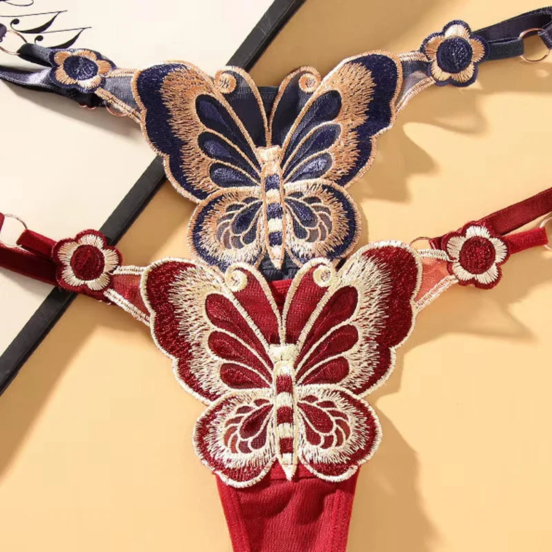 Butterfly Lace Thong for Women Low Waist G-String Transparent Mesh Panties Sexy Embroidered Briefs Adjustable Waist Culotte Femm