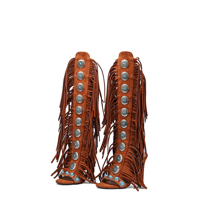 Real cow suede leather  tassels women sandal peep toe jewel lace up 10cm high heels