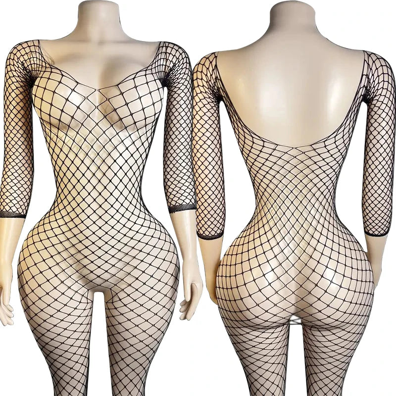 Erotic Crotchless Lingerie For Women Mesh Translucent Bra Set Lace Floral Print Bodysuit Fishnet Sexy Hollow Out Underwear Set