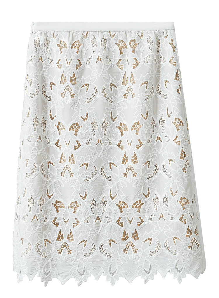 AMII Minimalist Beige Elegant Skirt Straight 2025 Summer Office Lady Romantic Flower Lace Embroidery Women Midi Skirts 12542169