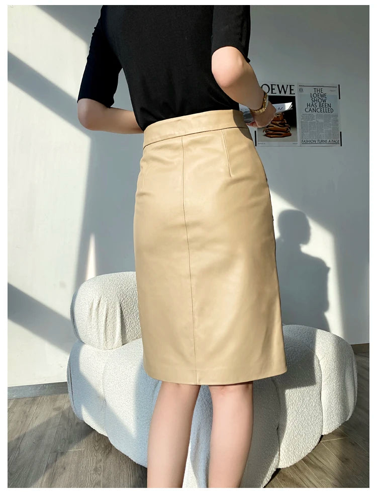 Lambskin Skirt for Women Commuting OL Simplified Vertical Cut 100% Leather Front Split Jupe Mujer Pockets Black Wrap Midi Skirt
