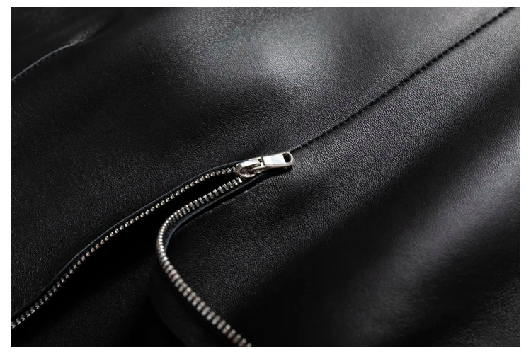 Moda Linda Lambskin Mini Skirts Women Handmade Arch Needle High Waist Wrap Leather Etek Khaki Double Breasted Metal Button Jupe
