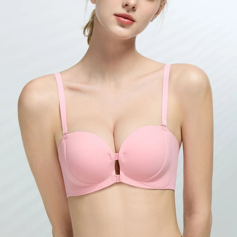 Strapless Anti-Slip Bra for Women with Small Breasts Front Buckle Gathered Design to Enhance Bust Size And Thickness