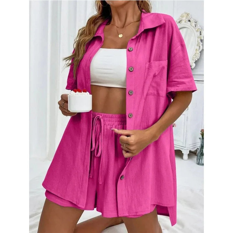 Solid Color Casual Loose Short Pants Sets For Women 2024 Elegant Summer Women's Two Pieces Suit Full Set Female Outfit Clothes