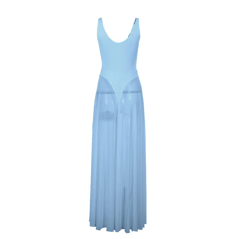 Metal Buckle Sexy Sheer Mesh Pleated Maxi Dress 2026 Fashion Deep V-Neck Spaghetti Straps Backless Long Summer Dresses for Women