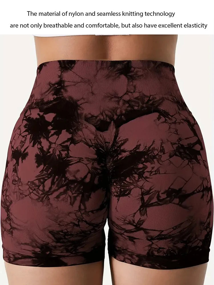 Women's 3-Piece Tie-Dye Hip Lift Yoga Shorts Exercise High-Waisted Pleated Hip Lift Pants