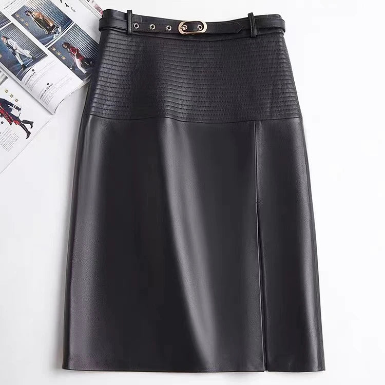 2025 New Spring Women Genuine Leather Skirt Feminino Slim Leopard Pattern Split  Wrapped Jupe Mujer Mid Length Striped Belt Saia
