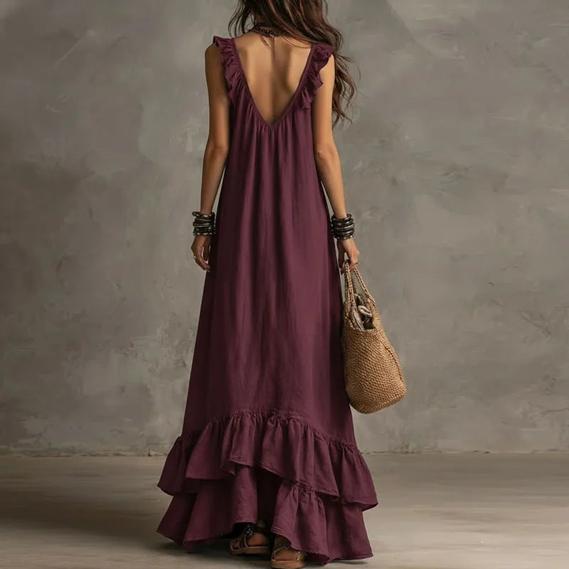 Sexy Deep V Neck Ruffle Loose Long Dresses Woman Spring Casual Solid Party Maxi Dress New Summer Sleeveless Vacation Beach Dress