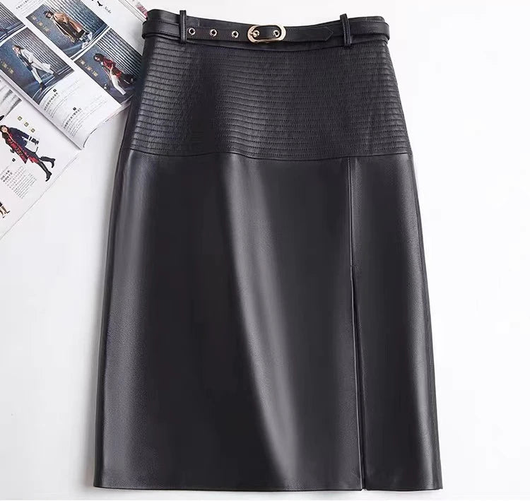2025 New Spring Women Genuine Leather Skirt Feminino Slim Leopard Pattern Split  Wrapped Jupe Mujer Mid Length Striped Belt Saia