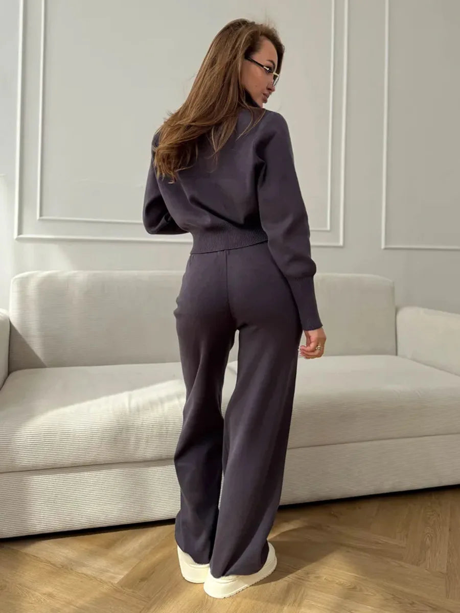 Wolfeel  New Autumn Winter Zip Up Knit Pants Set Women's Trendy Slim Fit Cardigan Pants Chic Commuting Sweater Outfit