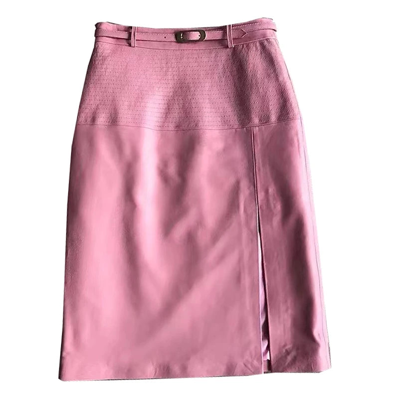 2025 New Spring Women Genuine Leather Skirt Feminino Slim Leopard Pattern Split  Wrapped Jupe Mujer Mid Length Striped Belt Saia