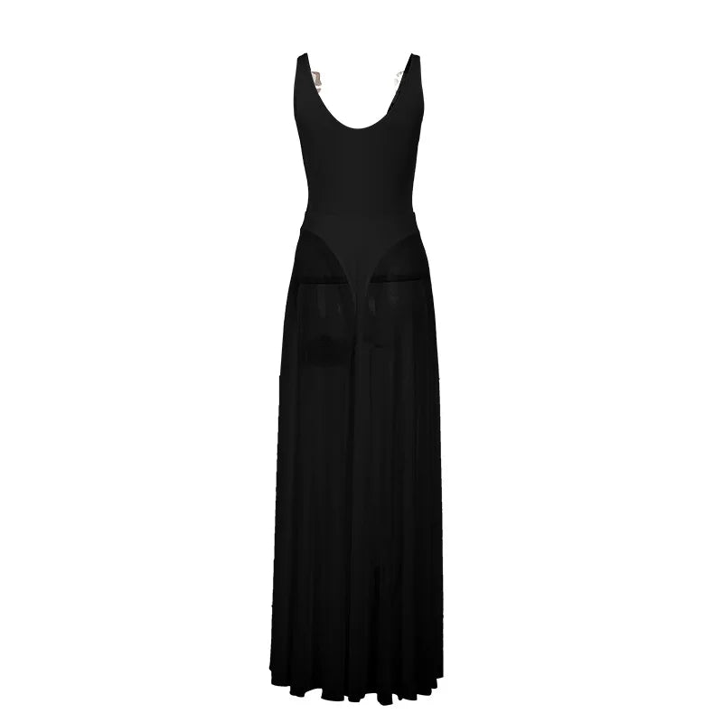 Metal Buckle Sexy Sheer Mesh Pleated Maxi Dress 2026 Fashion Deep V-Neck Spaghetti Straps Backless Long Summer Dresses for Women