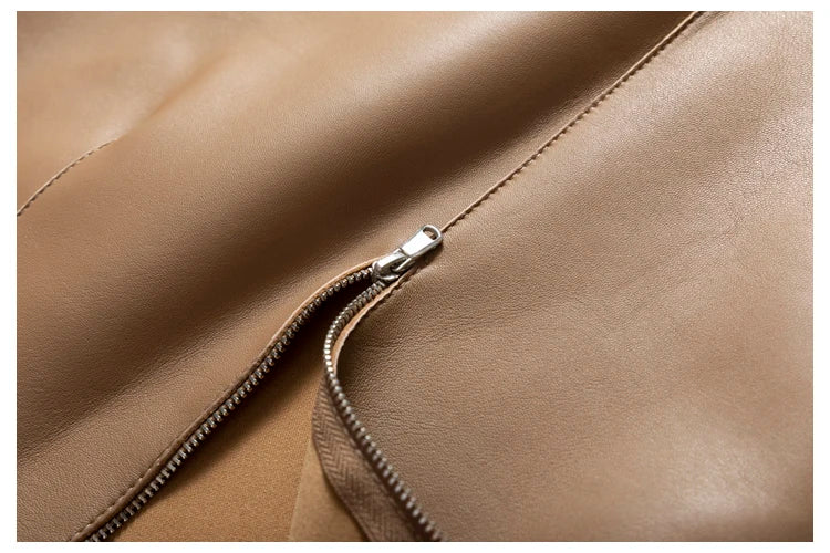 Moda Linda Lambskin Mini Skirts Women Handmade Arch Needle High Waist Wrap Leather Etek Khaki Double Breasted Metal Button Jupe