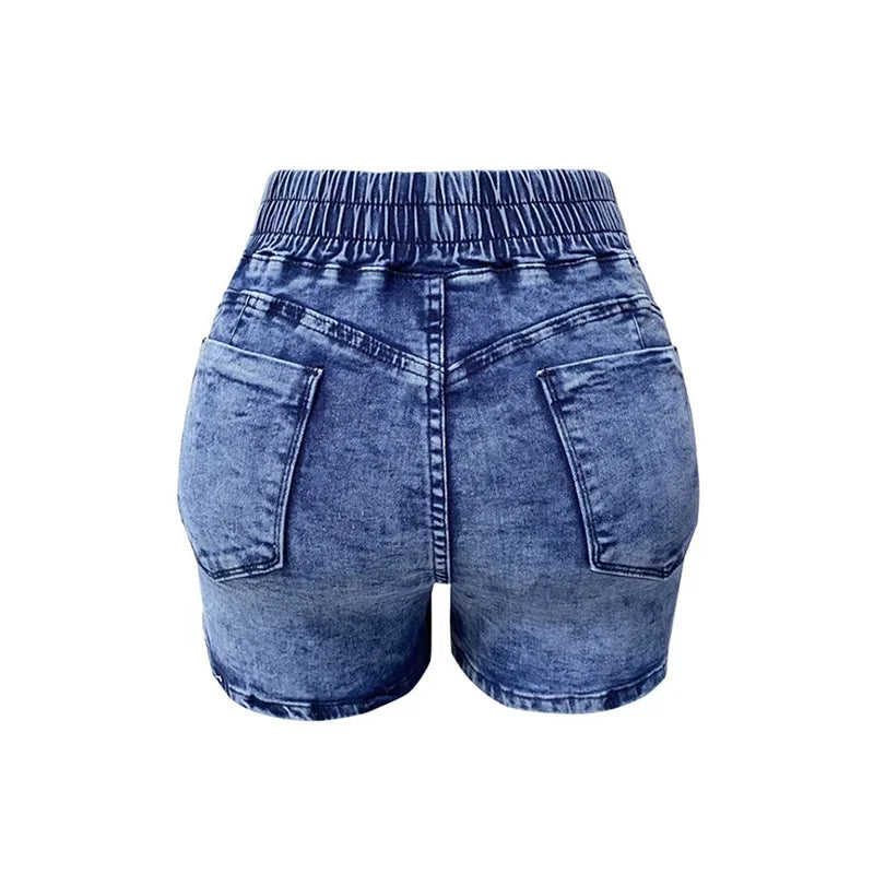 Women Stretch Lace-up Elastic Waist Denim Shorts Summer High-Waist Three Quarter Pants Female Casual Mini Tight Straight Jeans 4