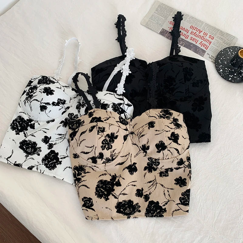 ITOOLIN Women Sweet Elastic Camis Underwear Padded Bra Spaghetti Cute Crop Tops Print Tank Tops For Women Summer 2024