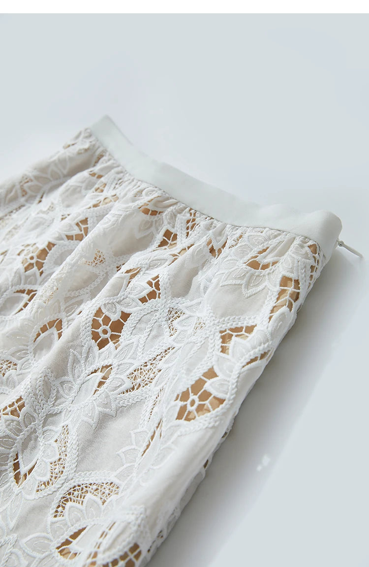 AMII Minimalist Beige Elegant Skirt Straight 2025 Summer Office Lady Romantic Flower Lace Embroidery Women Midi Skirts 12542169