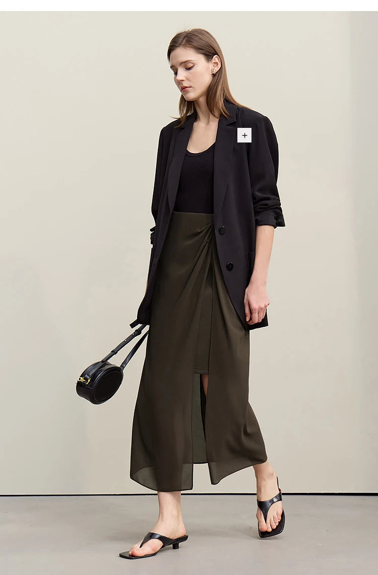Amii Women's Skirt 2026 Summer Elegant Chiffon Midi Skirt Pleated Side Slit Office Casual Versatile Women's Clothing 12612002