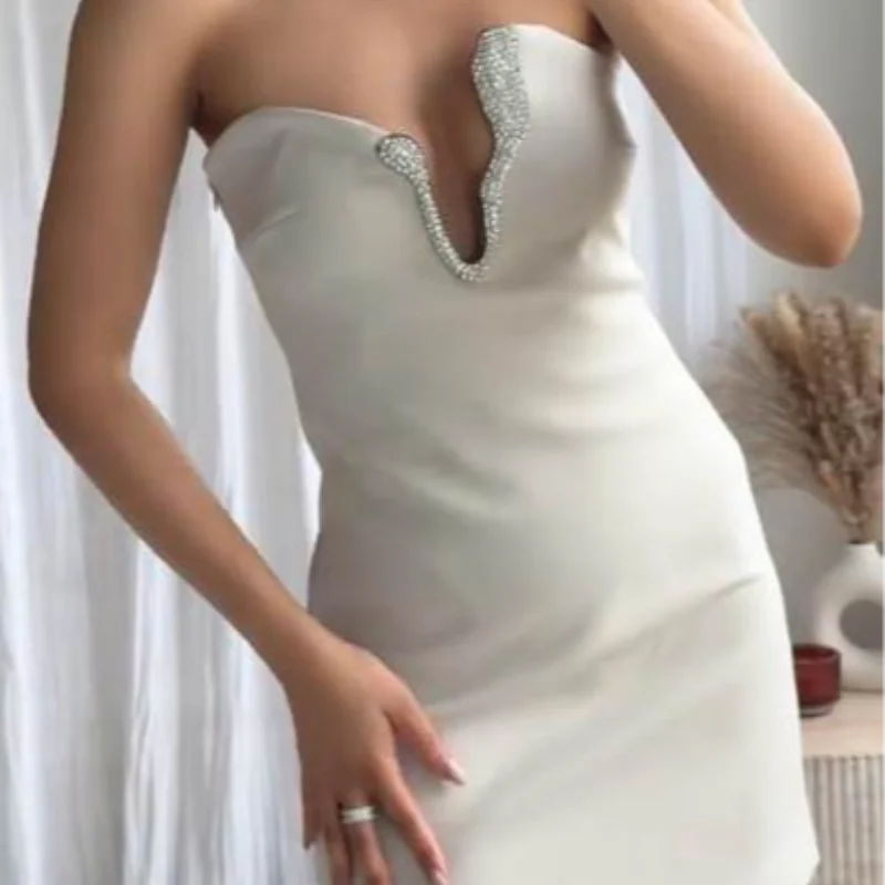 Sexy Asymmetric Rhinestone Short Skirt Set Women Solid  Strapless Sleeveless Crop Tops Mini Skirts 2026 Spring Lady Elegant Gown