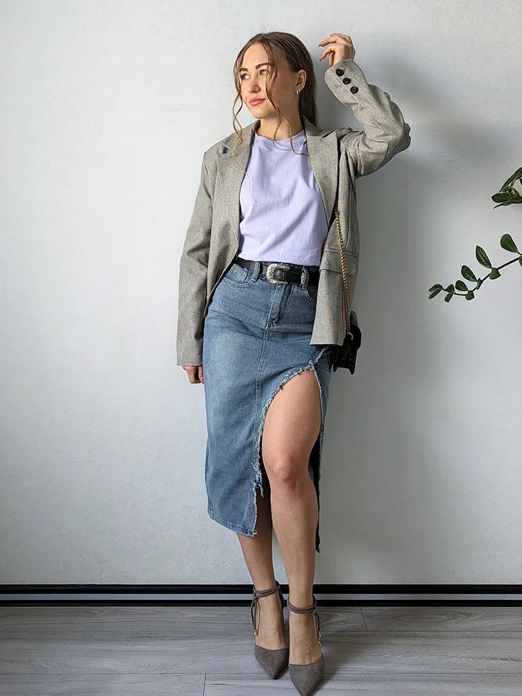 Streamgirl Irregular Split Denim Skirts For Women Midi Summer Casual Tassel Denim Skirt Lady Sexy A Line Jeans Skirt Women 2024