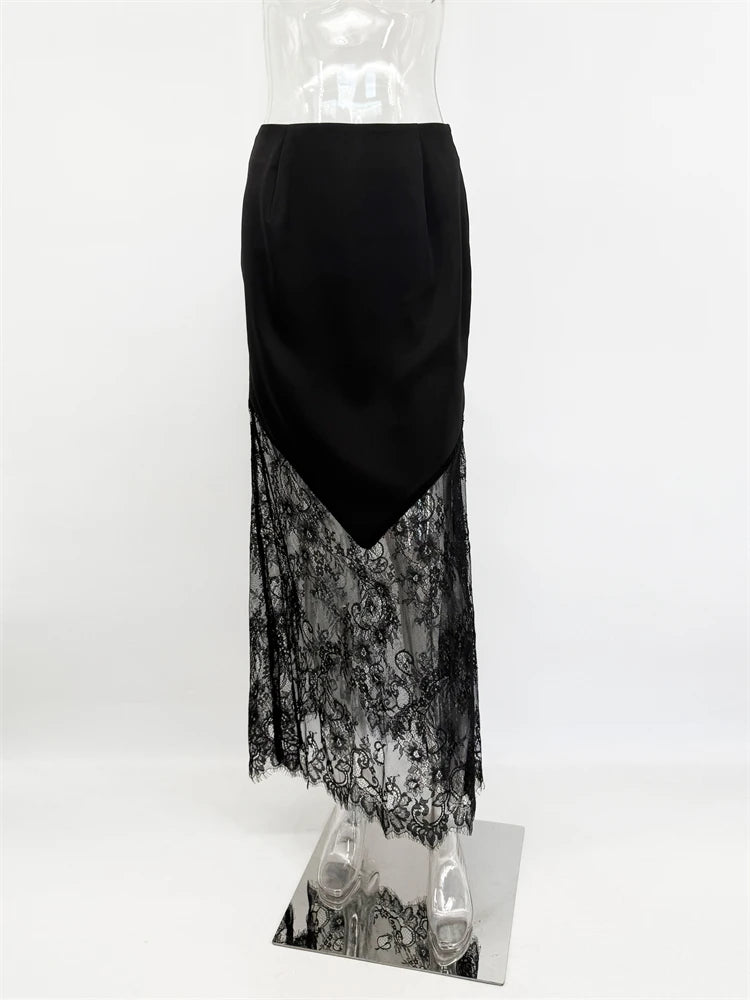 Women Patchwork Lace Skirts 2026 New Vintage High Waist Slim Hollow Out Maxi Skirts Autumn Brown Fashion Party Club Boho Skirt