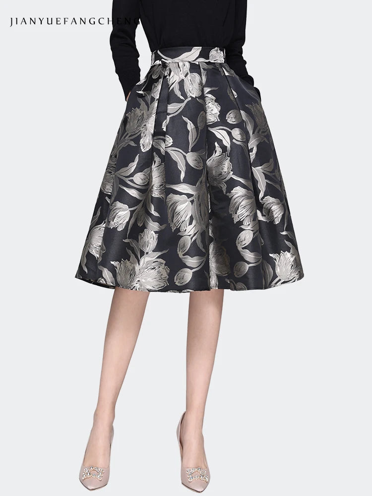 Women Grey Floral Mid-length Skirt 2024 Spring New HIgh Waist A-Line Pleated Knee-length Skirts With Pockets Tutu Skirts