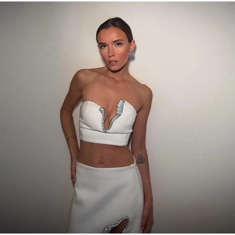 Sexy Asymmetric Rhinestone Short Skirt Set Women Solid  Strapless Sleeveless Crop Tops Mini Skirts 2026 Spring Lady Elegant Gown