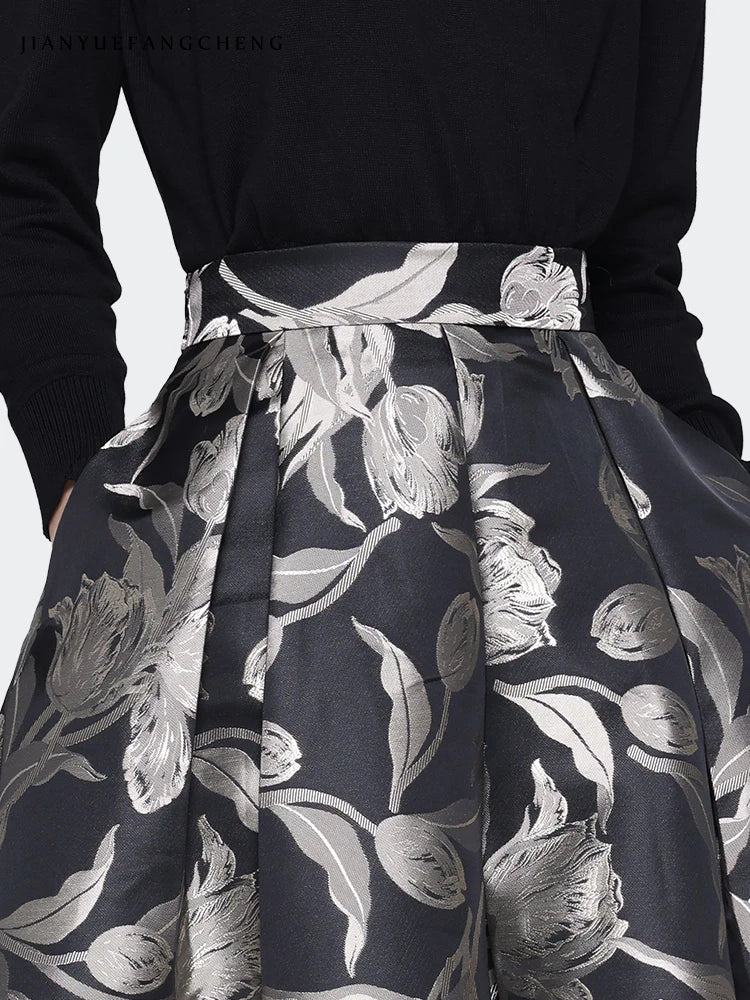 Women Grey Floral Mid-length Skirt 2024 Spring New HIgh Waist A-Line Pleated Knee-length Skirts With Pockets Tutu Skirts
